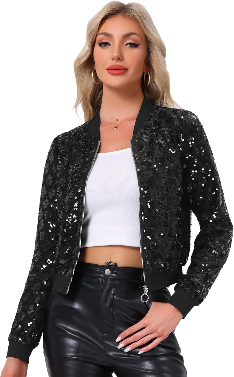 Allegra K Women's Sequin Jacket Bomber Long Sleeve Zipper Shiny Glitter Tops Sparkly Party Slitter Outfit