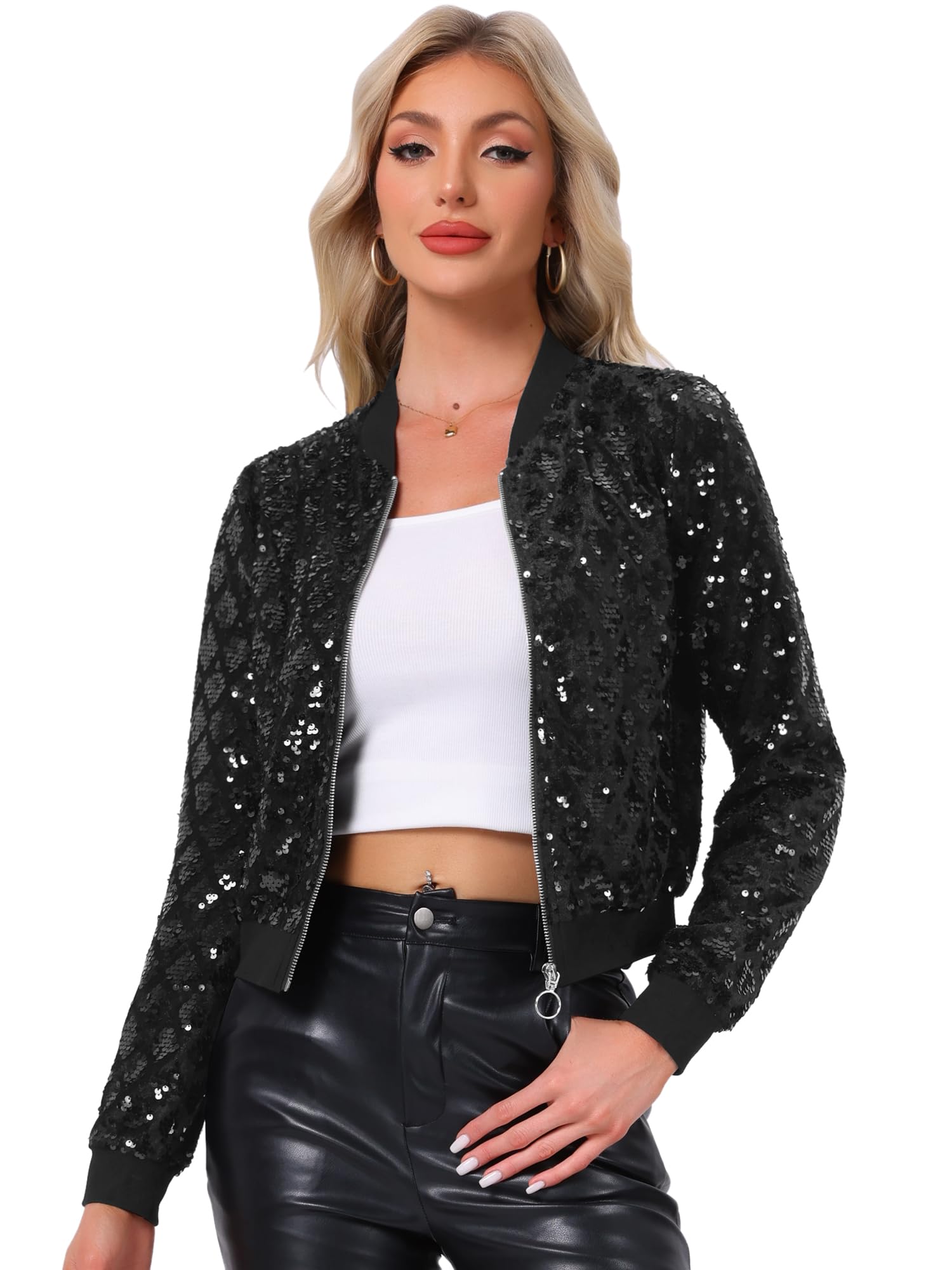 Allegra K Women's Sequin Jacket Bomber Long Sleeve Zipper Shiny Glitter Tops Sparkly Party Slitter Outfit