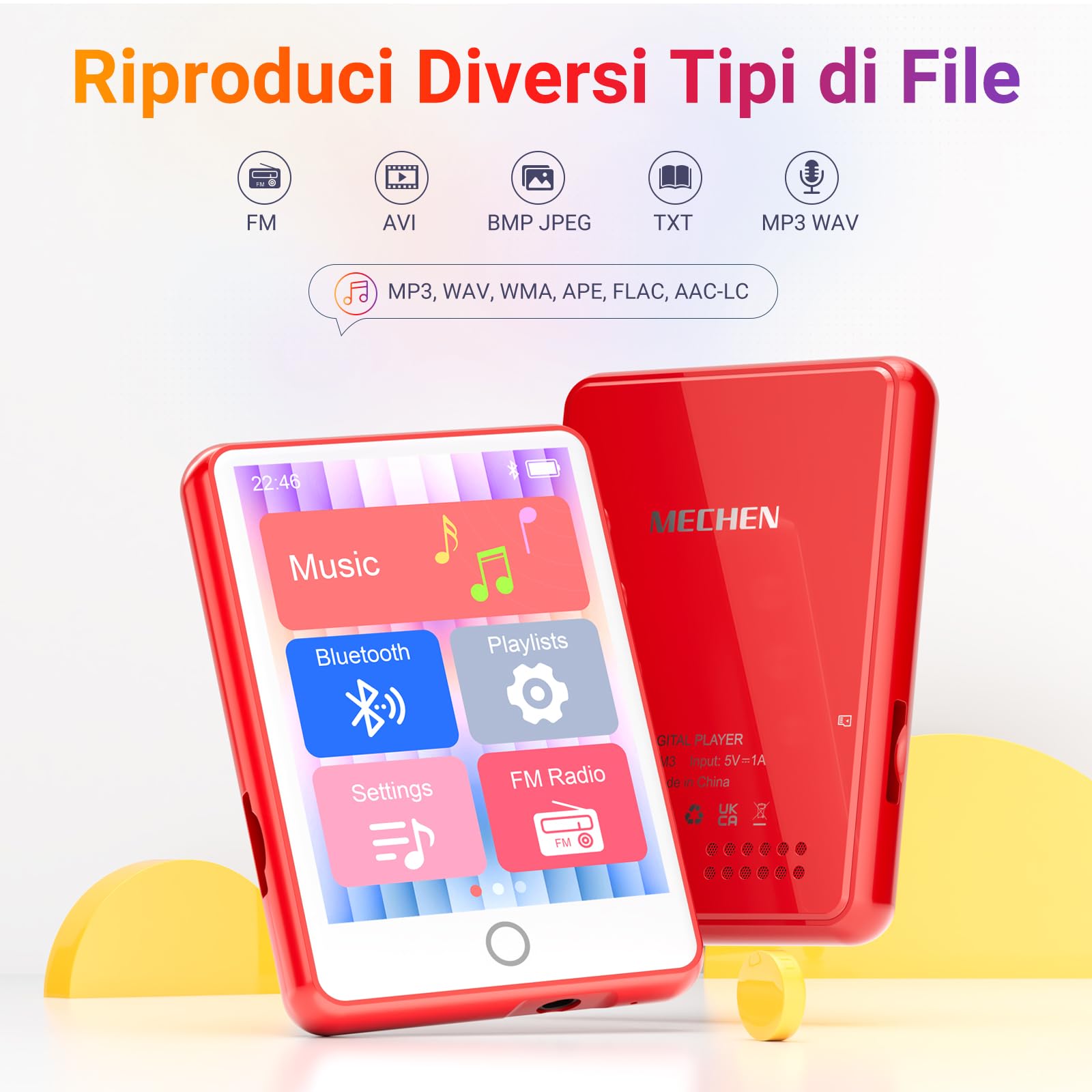 MECHEN Lettore MP3 Bluetooth 5.3, touchscreen da 2,4 pollici, qualità audio senza perdite, FM Radio, 512 GB espandibile (128GB)