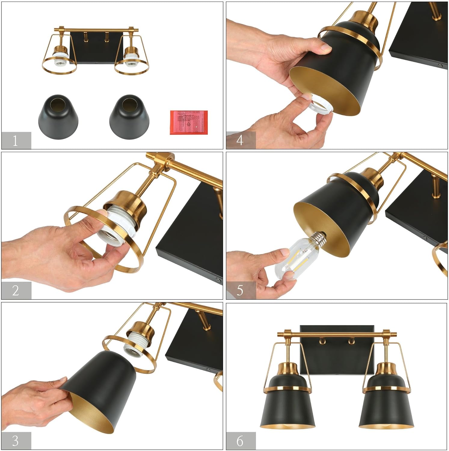 Black Gold Bathroom Light Fixtures, Modern Farmhouse Vanity Lights with Metal Shade, 2 Light Electroplated Brass Vanity Lighting Over Mirror