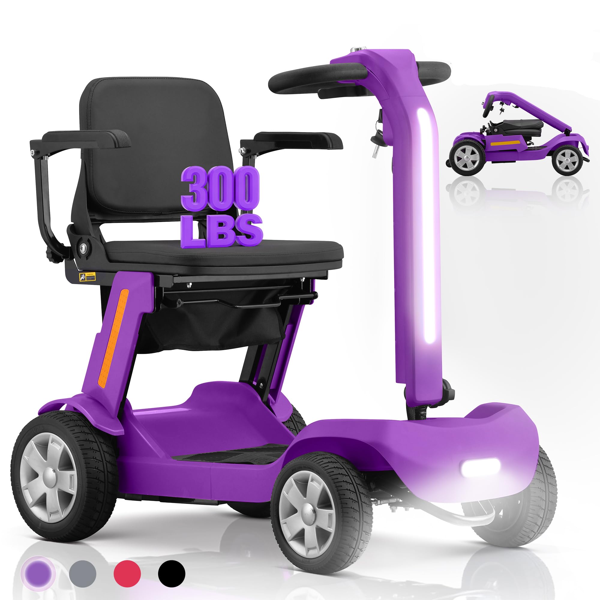 Foldable Mobility Scooter for Adults & Senior, 4 Wheels Powered Device for Travel, Lightweight and Portable, with LED Strip Light, Storage Bag, Charger Included, No Assemble Required (Purple)