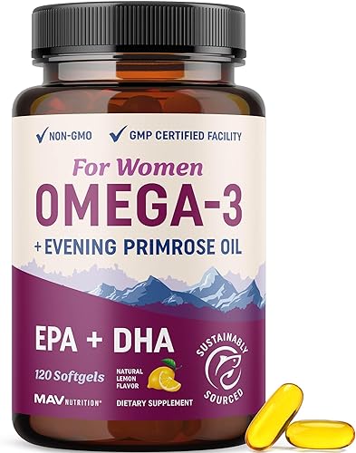 Suplemento Omega 3 para mujer  Aceite de pescado con onagra  Equilibrio hormonal, apoyo para la piel y el bienestar  600 mg Omega3 + 800 mg onagra