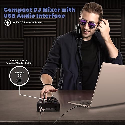 Miniatura 7 de Mezclador de audio inalámbrico profesional para DJ mezclador de sonido con controlador de DJ Bluetooth de 2 canales con interfaz de audio USB combo