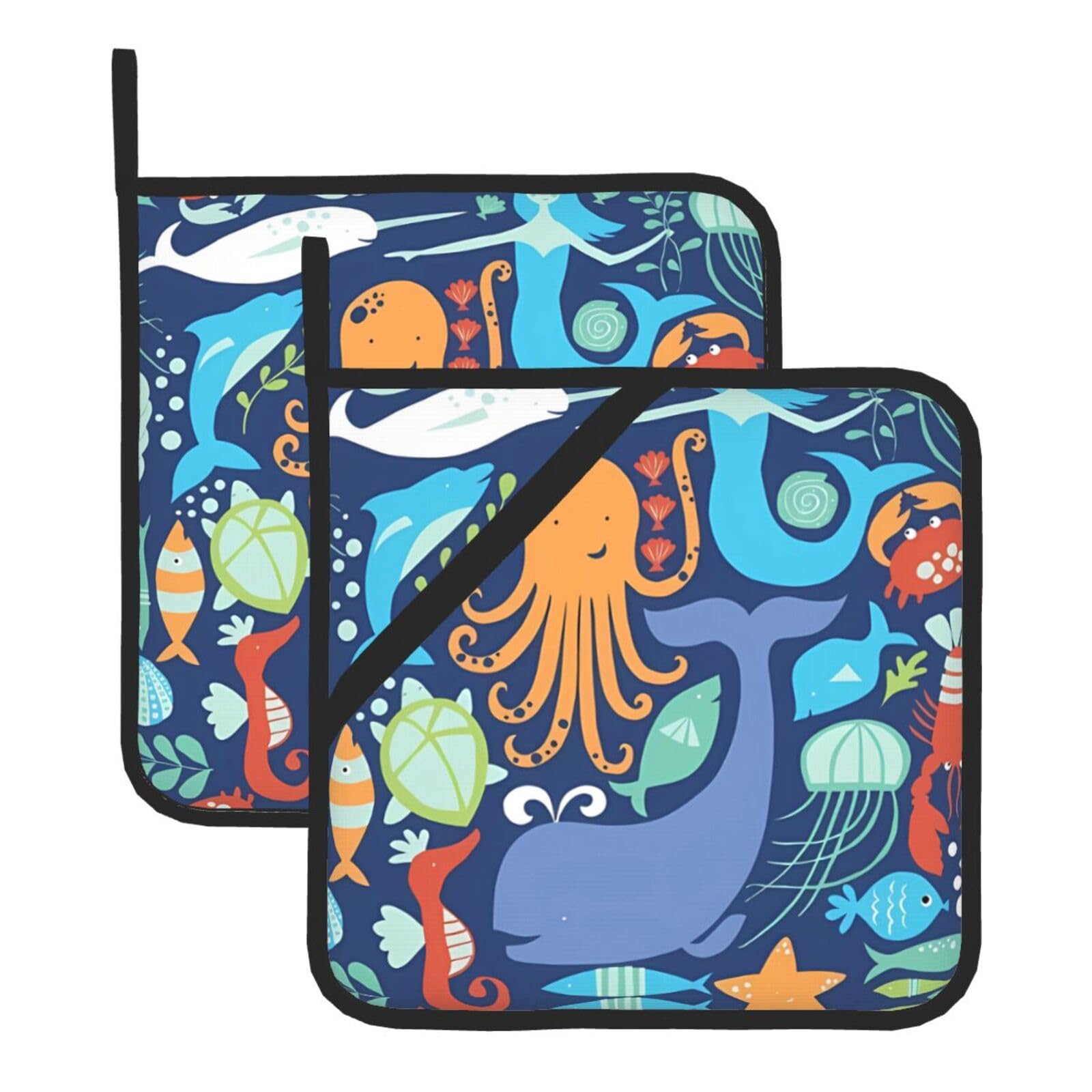 WHJSHOP Ocean whale fish octopus Prints Square Pot Holders - Waterproof Heat Resistant Kitchen Throw Pads for Hot Bowls & Dishes, Durable Oven Mitt Layers with Hanging Loop - Set of 2