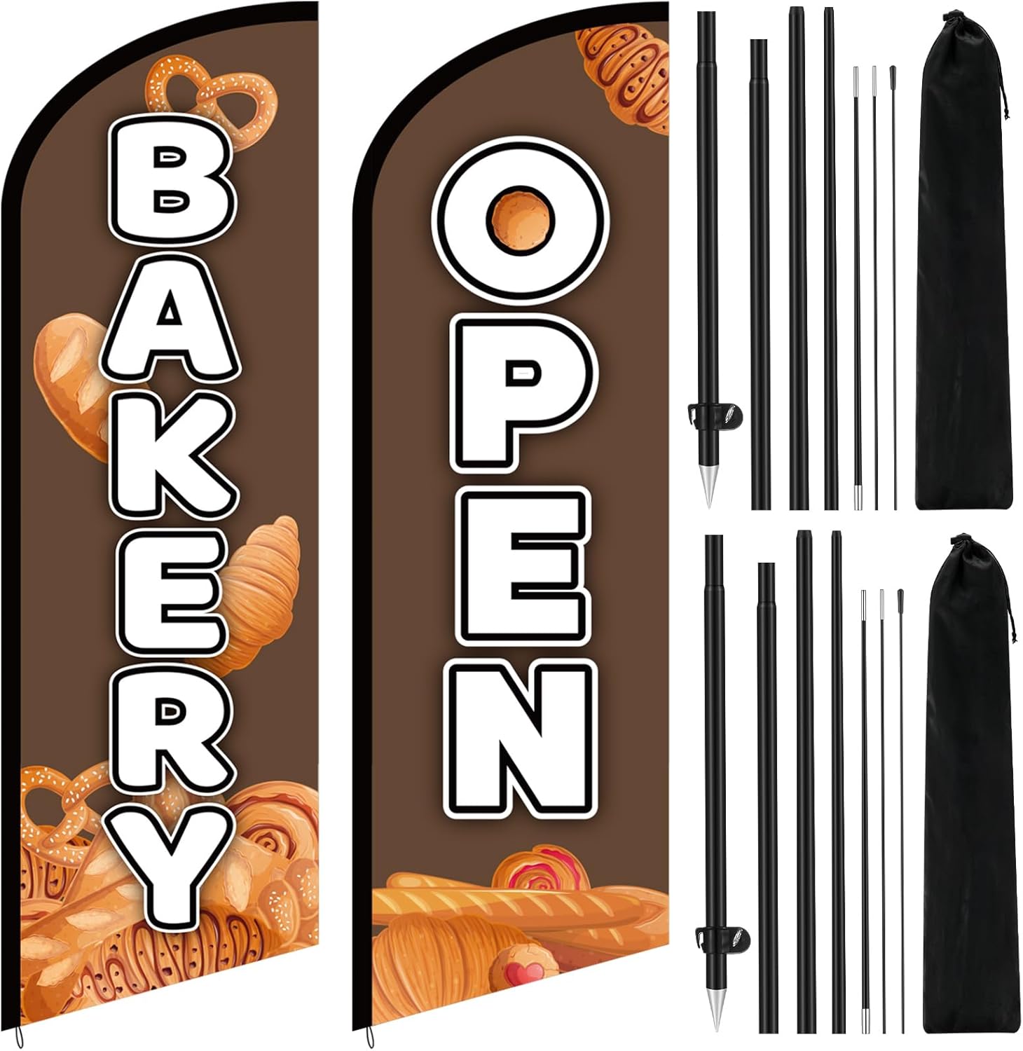 Frienda 2 Pcs Bakery Open Flags Set: Include 8.2ft 1 Bakery Feather Flag Sign and 1 Open Feather Flag with Pole and Ground Stake Business Custom Banner for Baking Shop Outdoor Advertising
