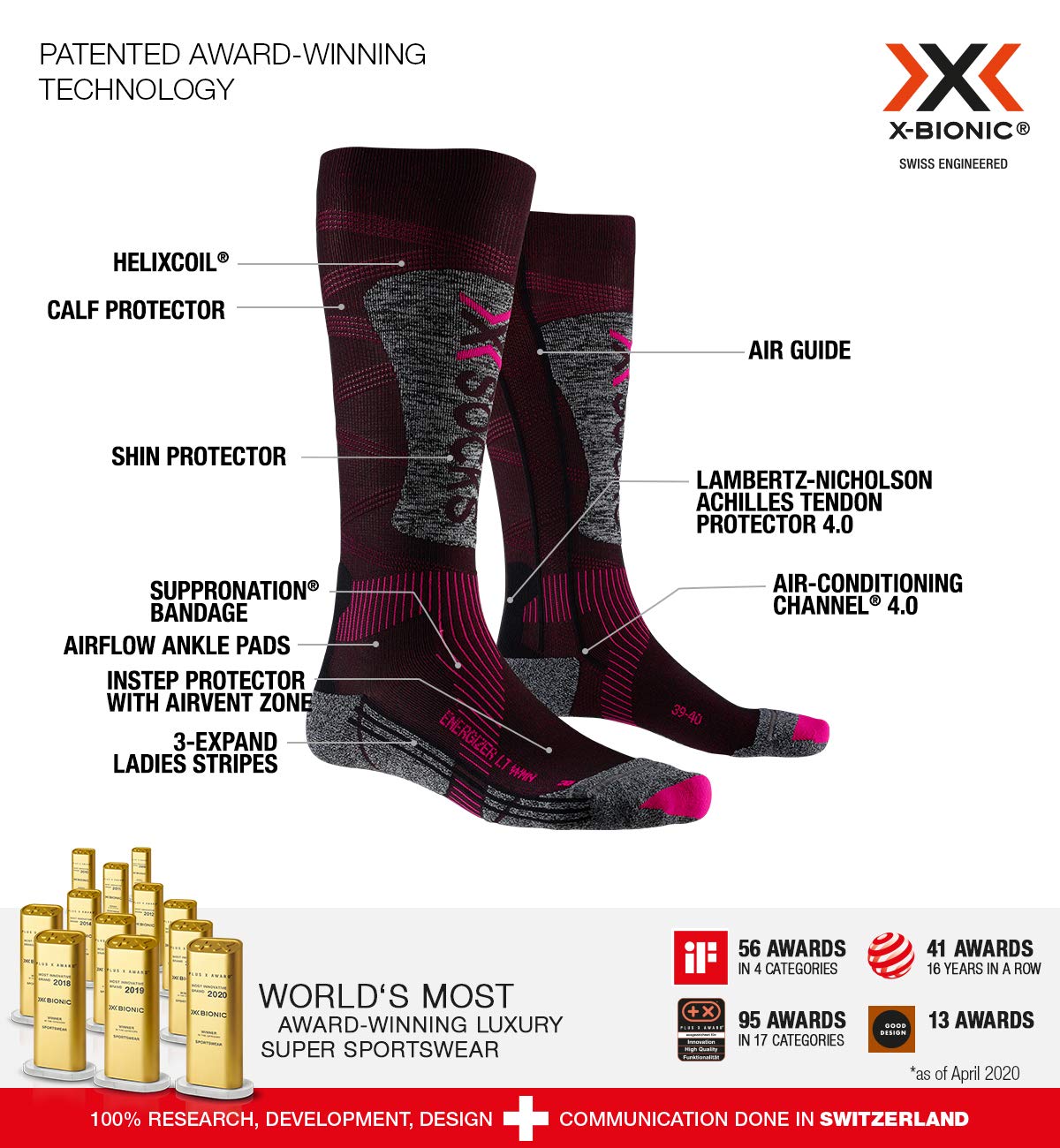 X-Socks Damskie skarpety narciarskie Energizer Light 4.0 zimowe skarpety narciarskie, snowboardowe, funkcyjne czarny czarny/fluorescencyjny różowy/szary melanż 41-42