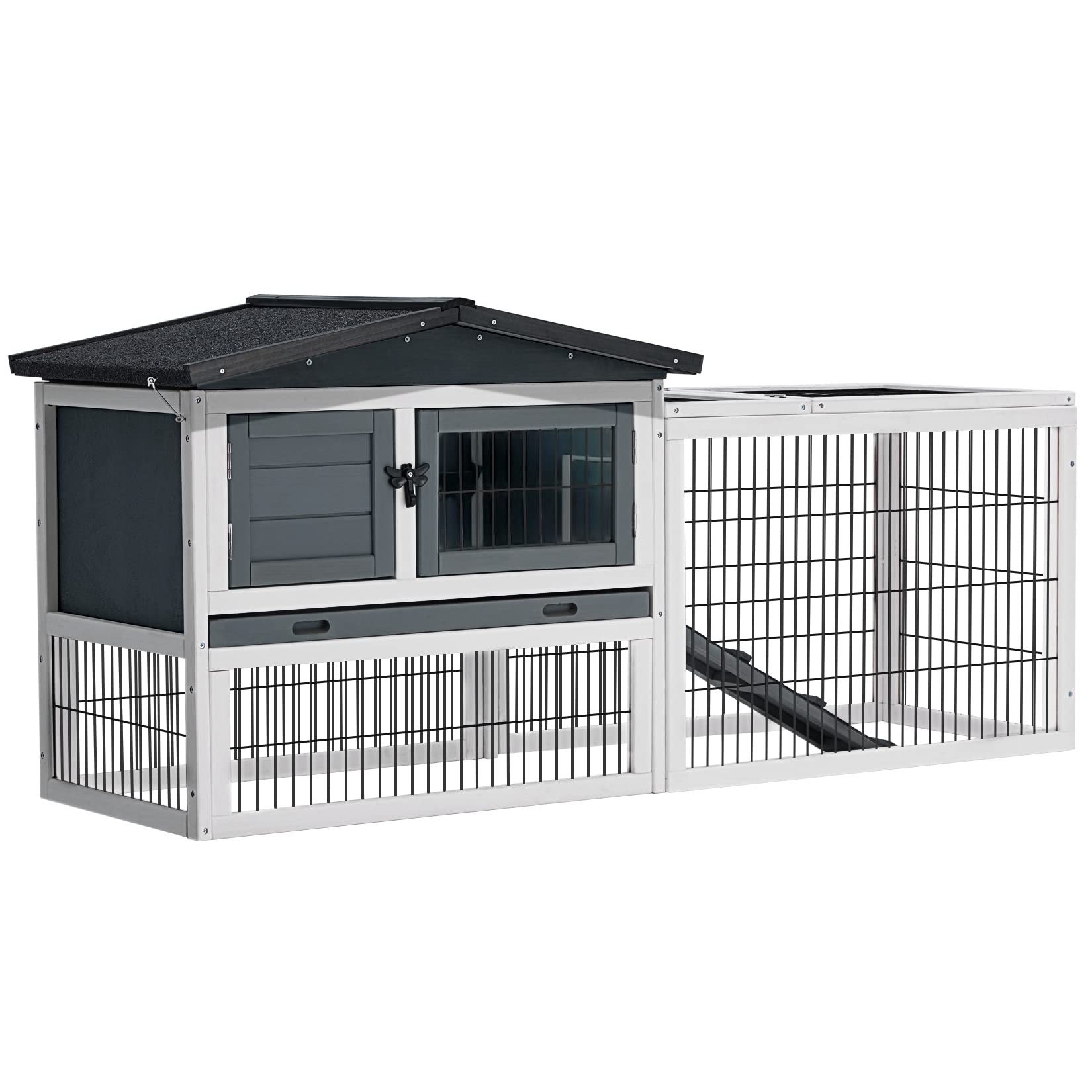 Rabbit Hutch Outdoor Rabbit Cage with 2-Level Area, Waterproof Roof, 4 Access Doors, Non-Slip Ramp Guinea Pig Cages Chicken Coop for Small Animals