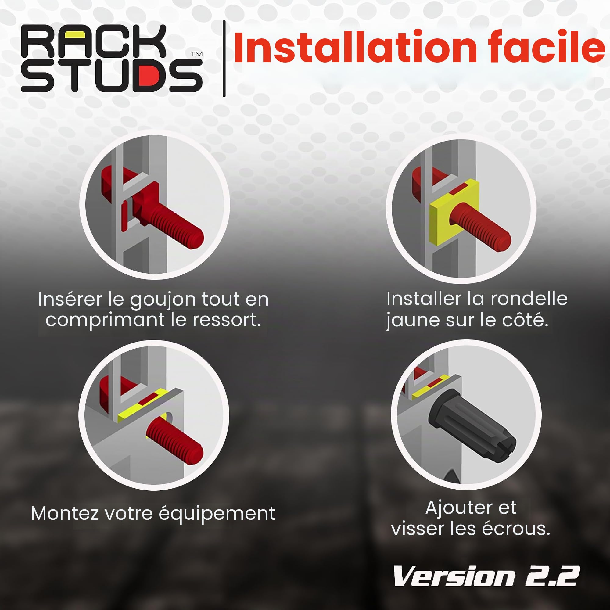 Rackstuds R100 Series II Rack Mount Screws - Vis et écrous pour Rack de Serveur remplaçant Les Rails verticaux 19" à Perforation carrée, sans Utiliser l'outil d'écrous - Rouge 2.22mm/0.086 100 Pack