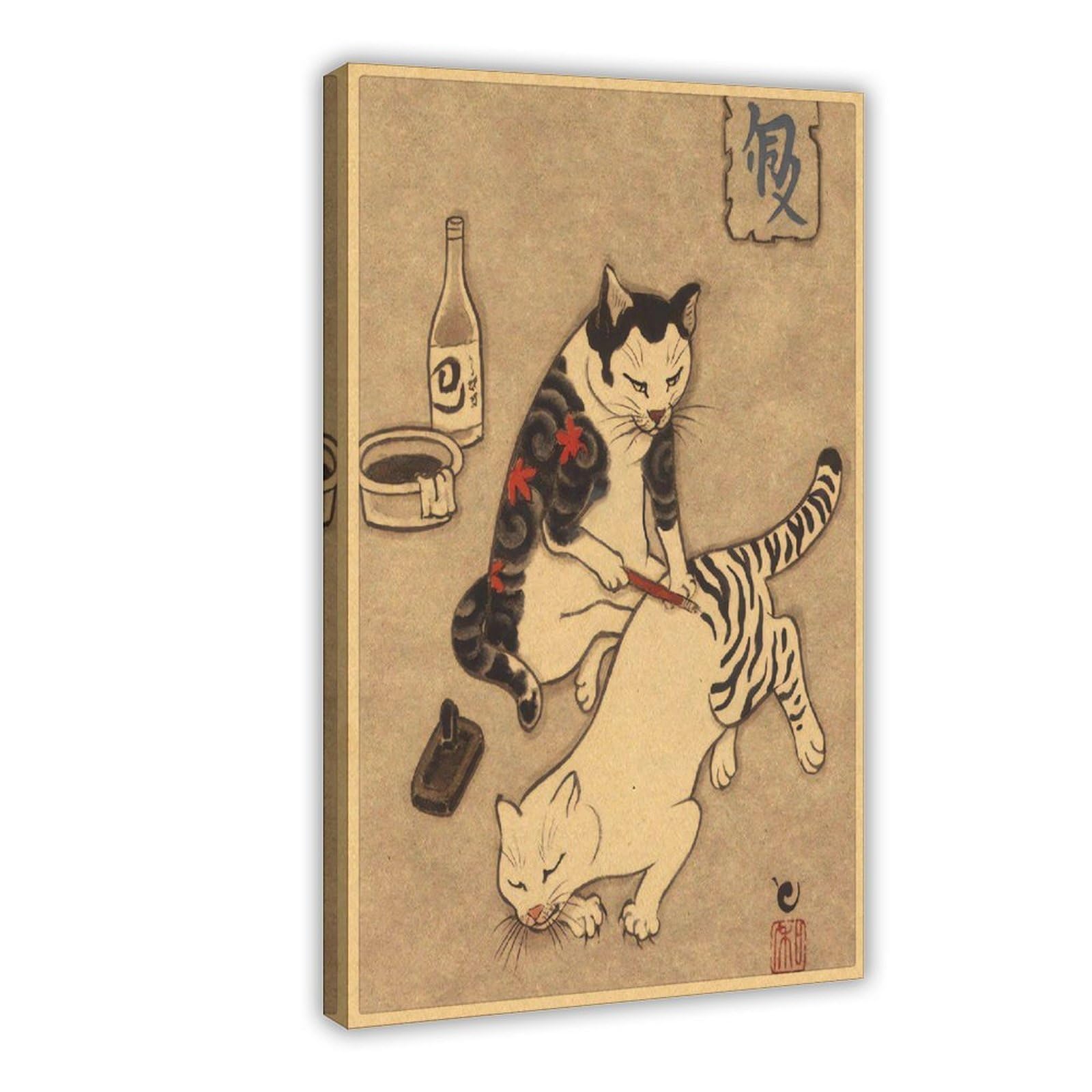 Qnvjqkdsi Frame Japanese Samurai Cat Tattoo Cat Vintage Art Canvas Poster Wall Art Decor Print Picture Paintings For Living Room Bedroom Decoration 16" L X 24" W