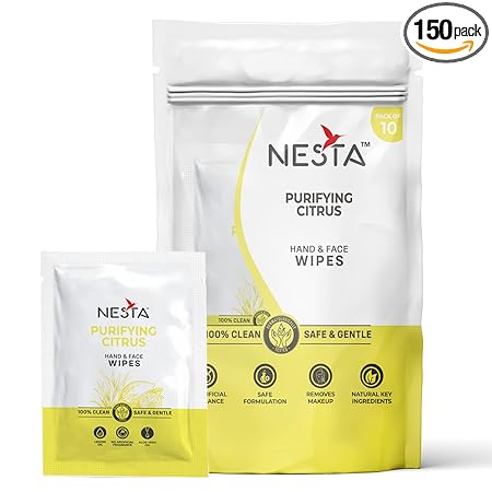 Nesta Individually Packed Facial Wet Wipes for Women & Men; Citrus & Aloe-Vera; Clears Dirt, Gives Fresh & Glowing Skin with Moisture; Alcohol Free, Eco Friendly(15 Packets x 10 Wipes = 150 Wipes)