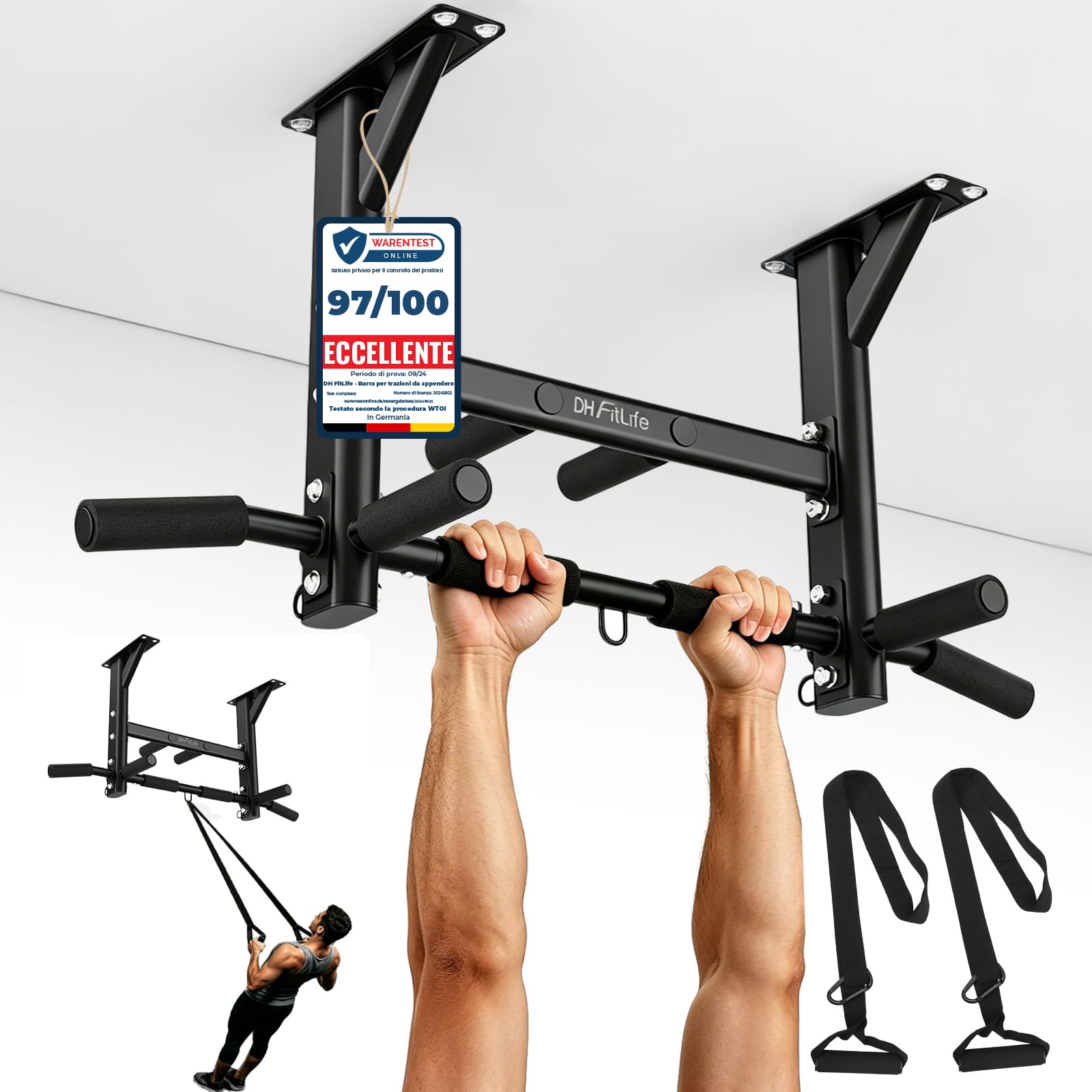 DH FitLife Sbarra per Trazioni da Soffitto 4 in 1 fino a 300 kg, Pull Up Bar Multifunzione per Home Gym, 8 Impugnature Antiscivolo, 3 Occhielli per Sacco da Boxe & Sling Trainer, Stabile & Sicura