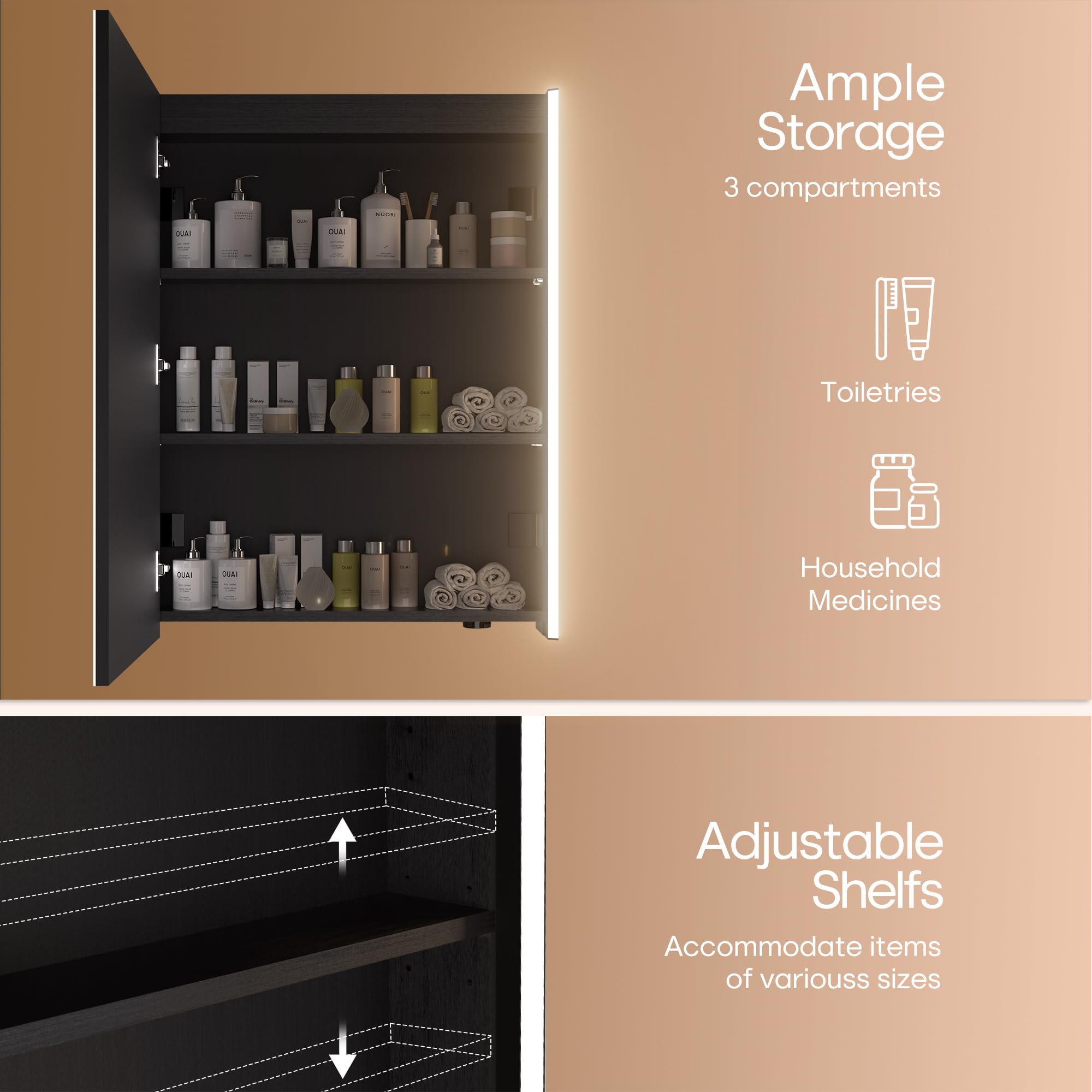 Armoire à pharmacie lumineuse à DEL de 76,2 cm x 58,2 cm avec miroir, bois résistant à l'humidité, intensité variable en continu, 3000 K/5500 K, étagère réglable, design à plat