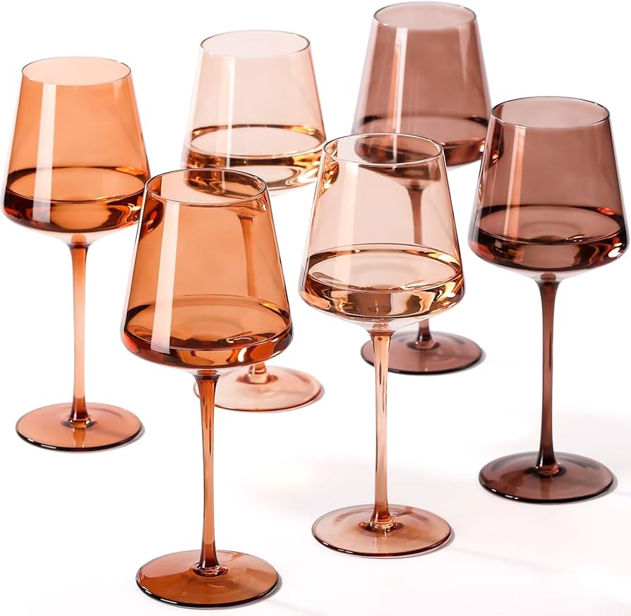 Venus Colored Wine Glasses Set of 6-18oz【Hand Blown】 Brown Wine Glasses with Tall Long Stems and Flat Bottom, Amber Colored Glassware-Unique Gifts for Wine Lovers