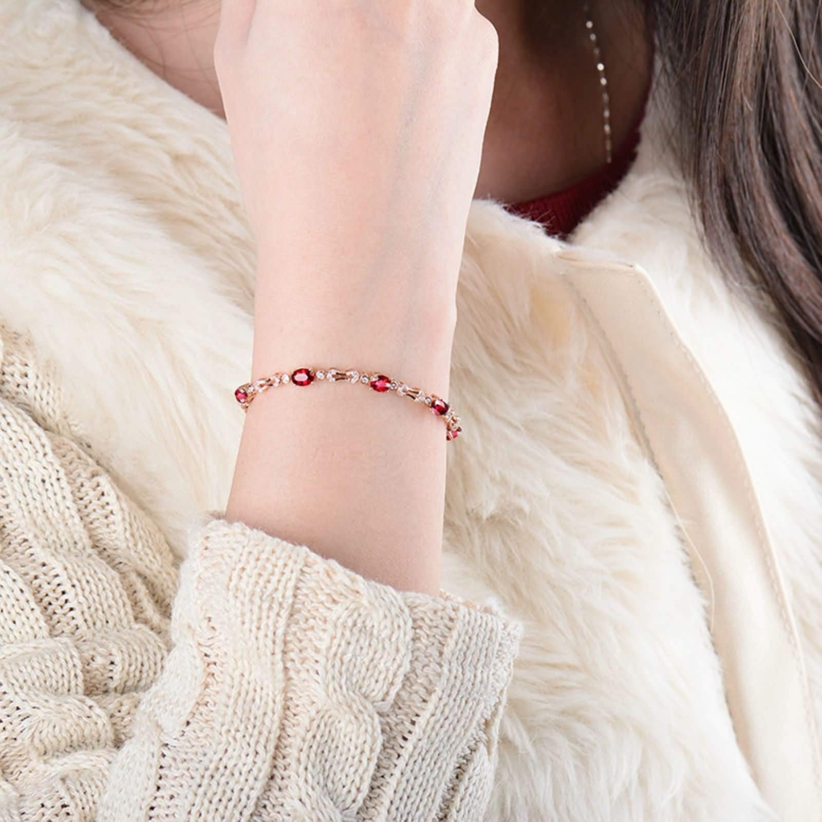 Pulseras Mujer Oro Rosa 9K / 14K / 18K, Oval con Rubí de 2 ct y Diamante de 0,62 ct, Cadena 16 CM, Pulseras Oro Rosa Mujer de
