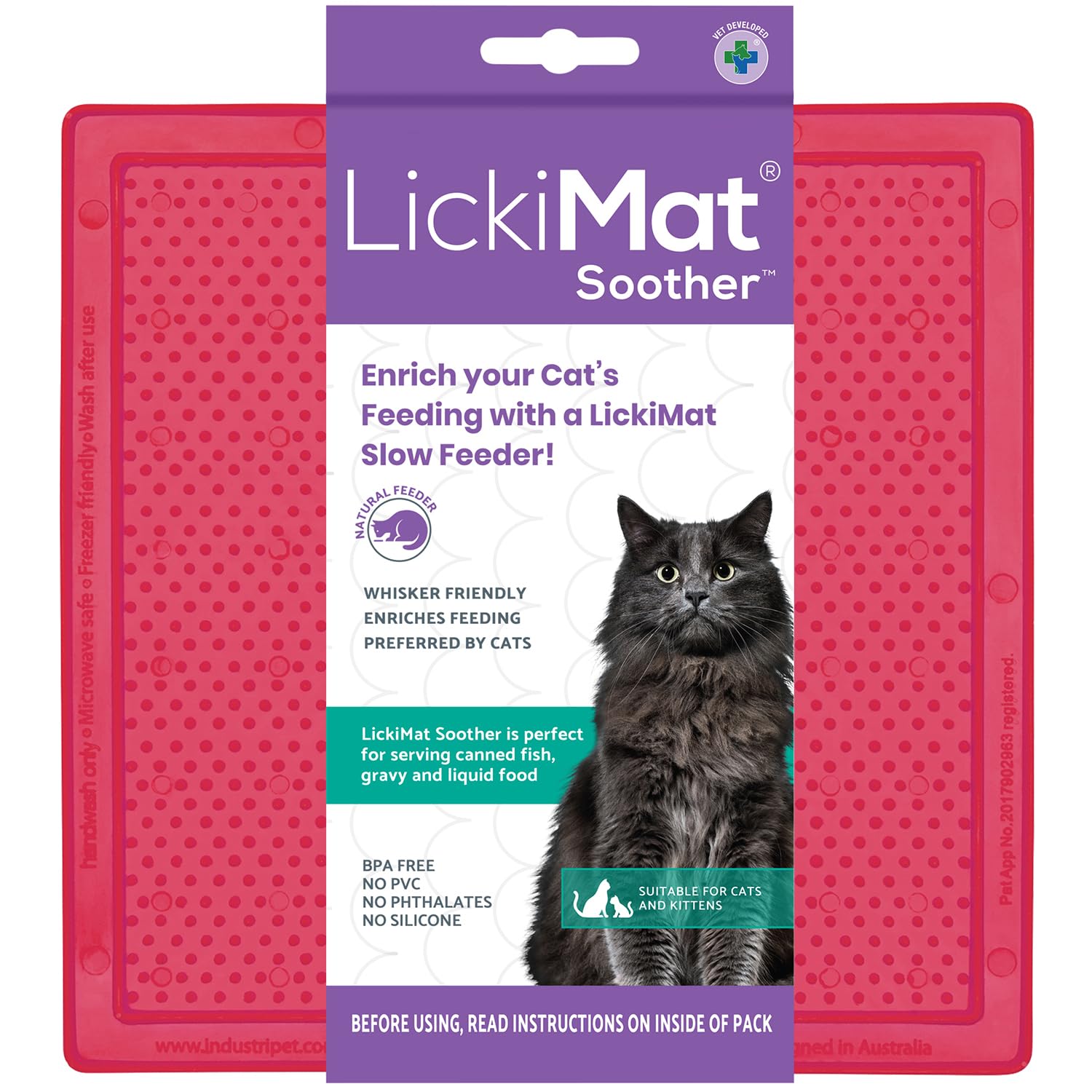 LickiMat Classic Soother Cat Slow Feeders Lick Mat, Boredom Anxiety Reducer; Perfect for Food, Treats, Yogurt, or Peanut Butter. Fun Alternative to a Slow Feed Cat Bowl or Dish, Pink
