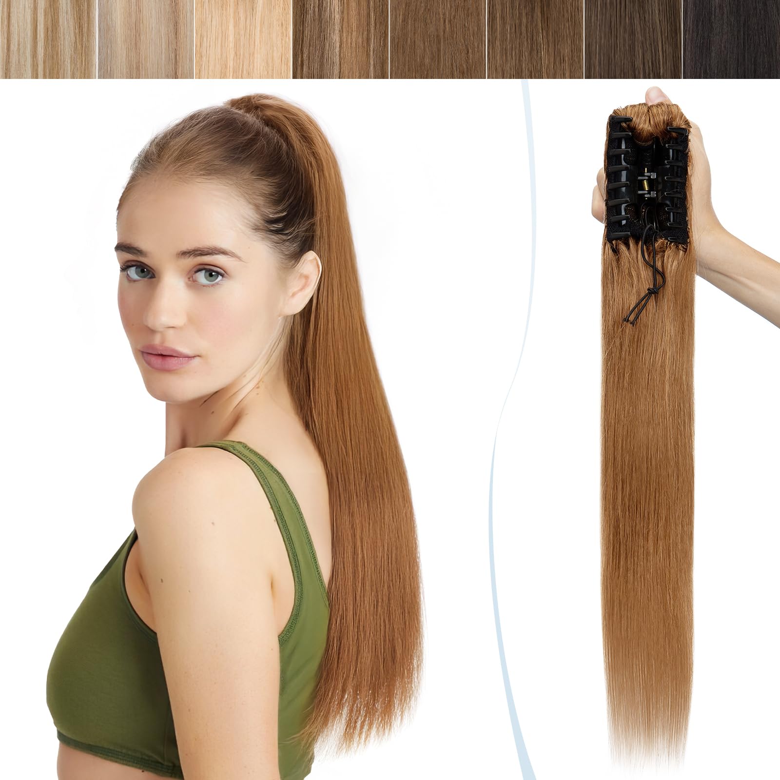 SEGO Coda Capelli Veri Clip Pinza Coda di Cavallo Ponytail Extensions Remy Human Hair Lisci Fascia Unica 40cm 105g - # Castano Chiaro
