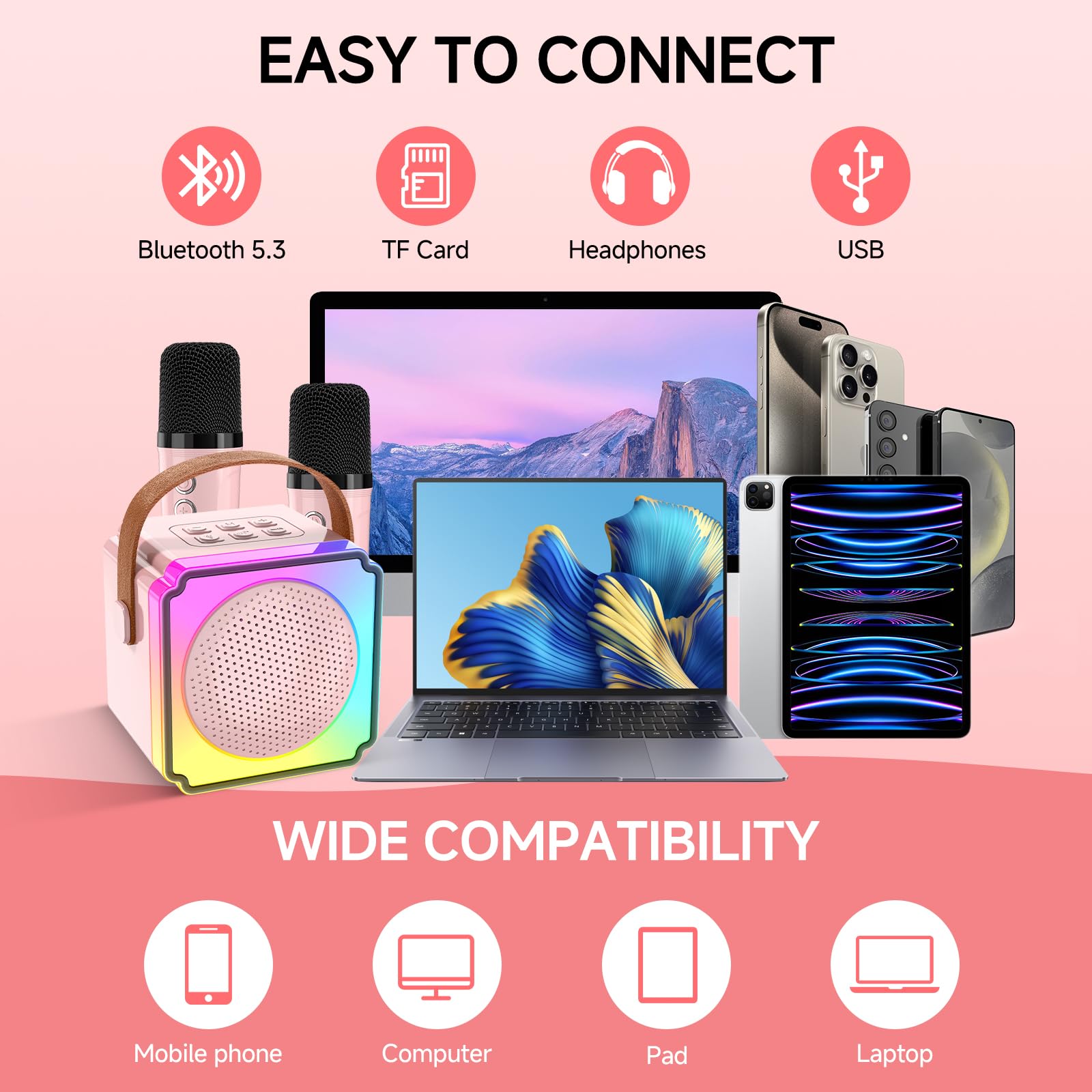 Mini machine de karaoké avec 2 microphones sans fil pour enfants et adultes, machine de karaoké portable avec changeur de voix et lumière LED, cadeau d'anniversaire pour filles et garçons