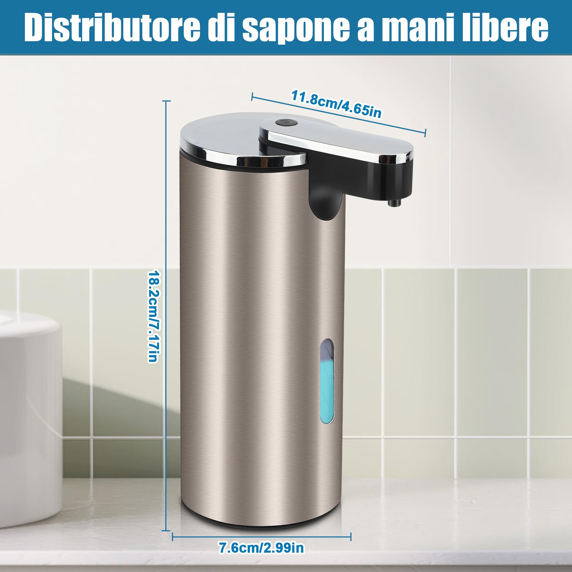 Dispenser Automatico di Sapone 350ML per Bagno | Dispensatore di Sapone per Piatti con 3 Volumi di Sapone Regolabili, Argento
