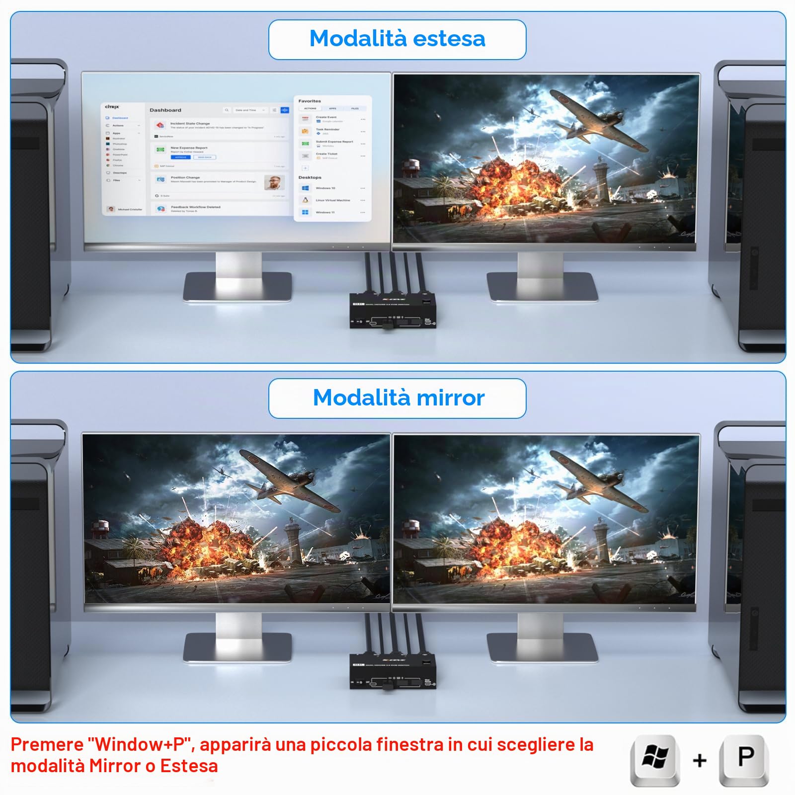 Switch KVM HDMI per 2 computer e 2 monitor, 8K@60Hz/4K@120Hz Dual Monitor KVM Switch per 2 PC, per la condivisione di 2 monitor e dispositivi USB 3.0, con cavi USB, controller e alimentatore di rete