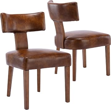 BESTANO Modern Dining Chairs Set of 2, Comfy Upholstered Side Chairs with Wood Legs, PU Leather Dining Chairs with Curved Wingback for Living Room Bedroom, Brown