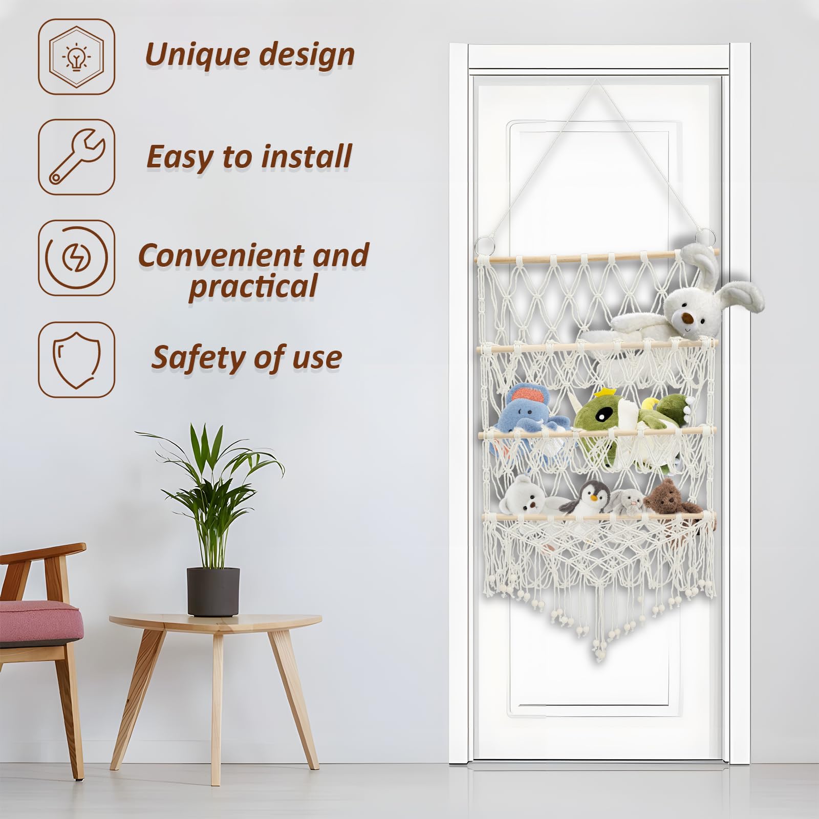 Stuffed Animal Storage Hammock, 3-Layer Macrame Storage Net, Large Capacity Over Door Organizer for Stuffies, Hanging Toy Organizer Plush Doll Holder for Kindergarten Playroom Bedroom Kids (Beige)