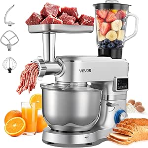 VEVOR multifunktionale Küchenmaschine elektrisch 1500 W mit Edelstahlschüssel (5,7 L) & Mixbecher (1,5 L), Knetmaschine Teigmixer mit 6+P Geschwindigkeiten & Knethaken & Schneebesen & Rührbesen