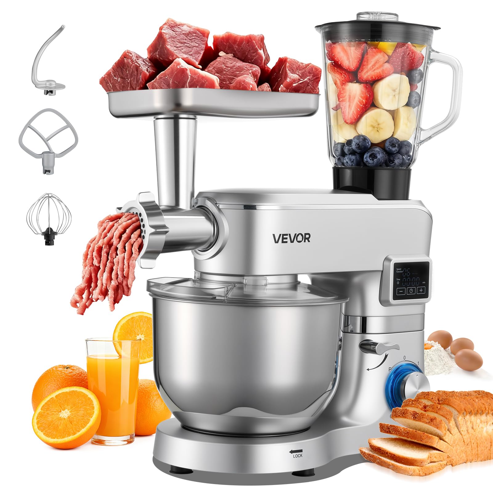 VEVOR Küchenmaschine 5 in 1 – Edelstahl 5,7 L, 1500 W, inklusive Knet-, Schneebesen-, Rührbesen-, Fleischwolf- und Saftmixer