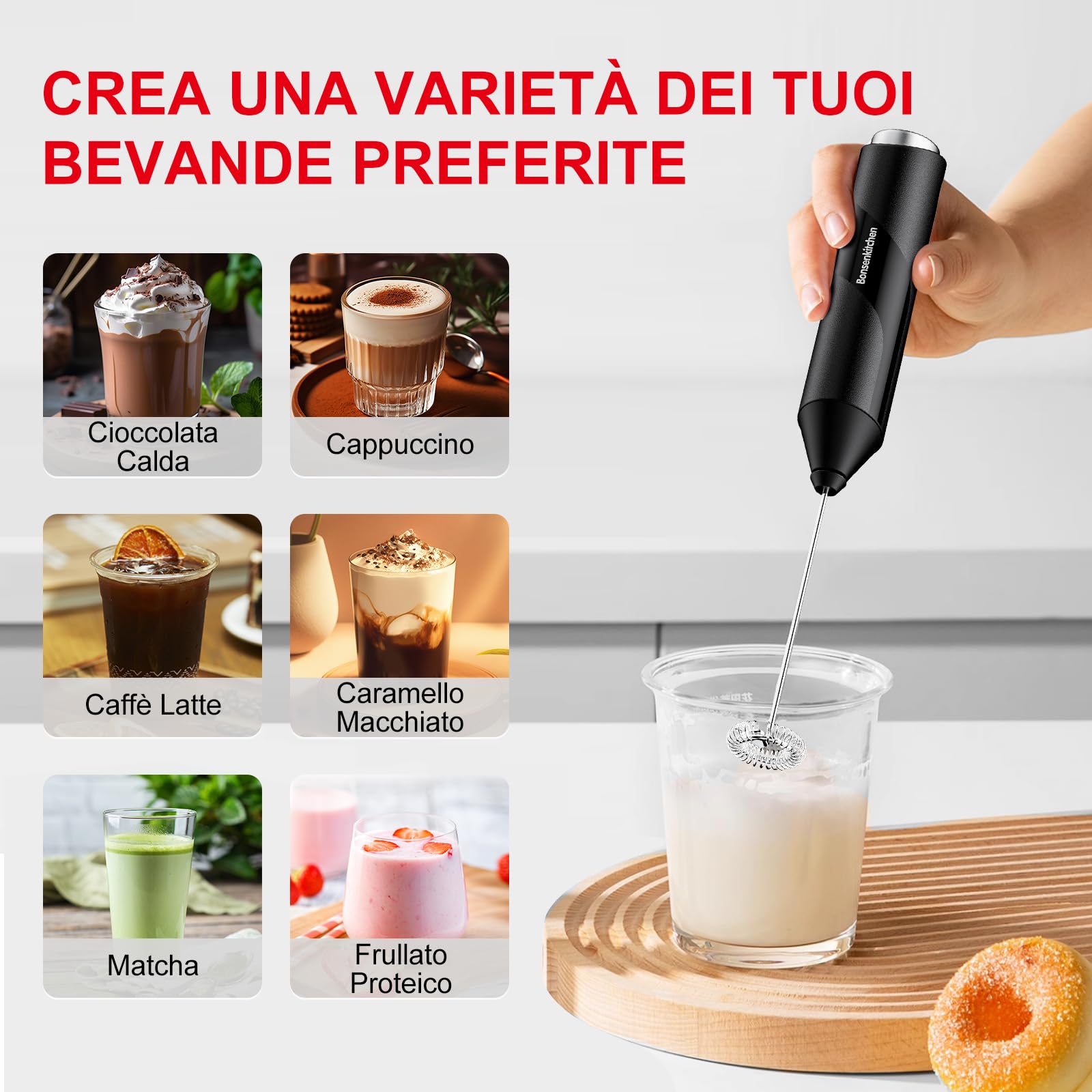 Bonsenkitchen Montalatte Elettrico, Frullino Montalatte con Frusta in Acciaio INOX, Funziona a Batteria, Potente Schiumalatte Elettrico per Caffè, Latte, Cappuccino, Matcha