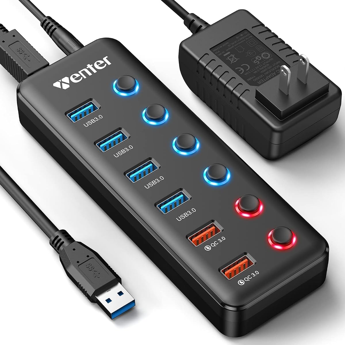 Hub USB con alimentación, divisor de concentrador USB 3.0 de 6 puertos Wenter (4 puertos de datos USB 3.0 + 2 puertos de carga rápida QC 3.0) con interruptores de encendido/apagado LED individuales, concentrador USB 3.0 alimentado con adaptador de CA de 36 W para Mac, PC