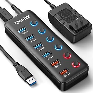 محور USB مدعوم ، Wenter 6-Port USB 3.0 Hub Splitter 4 USB 3.0 منافذ البيانات + 2 QC 3.0 منافذ الشحن السريع مع مفاتيح تشغيل / إيقاف LED الفردية, USB Hub 3.0 مدعوم بمحول التيار المتردد 36 وات لنظام التشغيل Mac ، PC