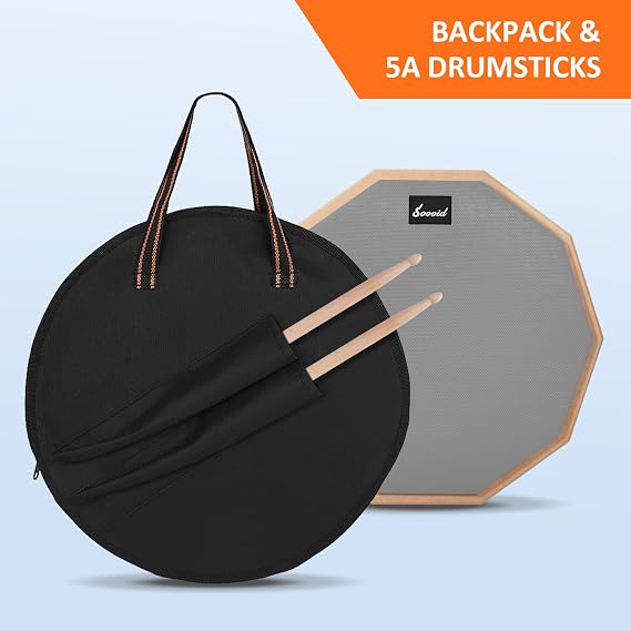 12 Inches Drum Pad and 5A Drum Sticks, Double Sided Snare Drum Practice Pad for Drummers, Silent Practice for Adults and Kids with Storage Bag - Gray