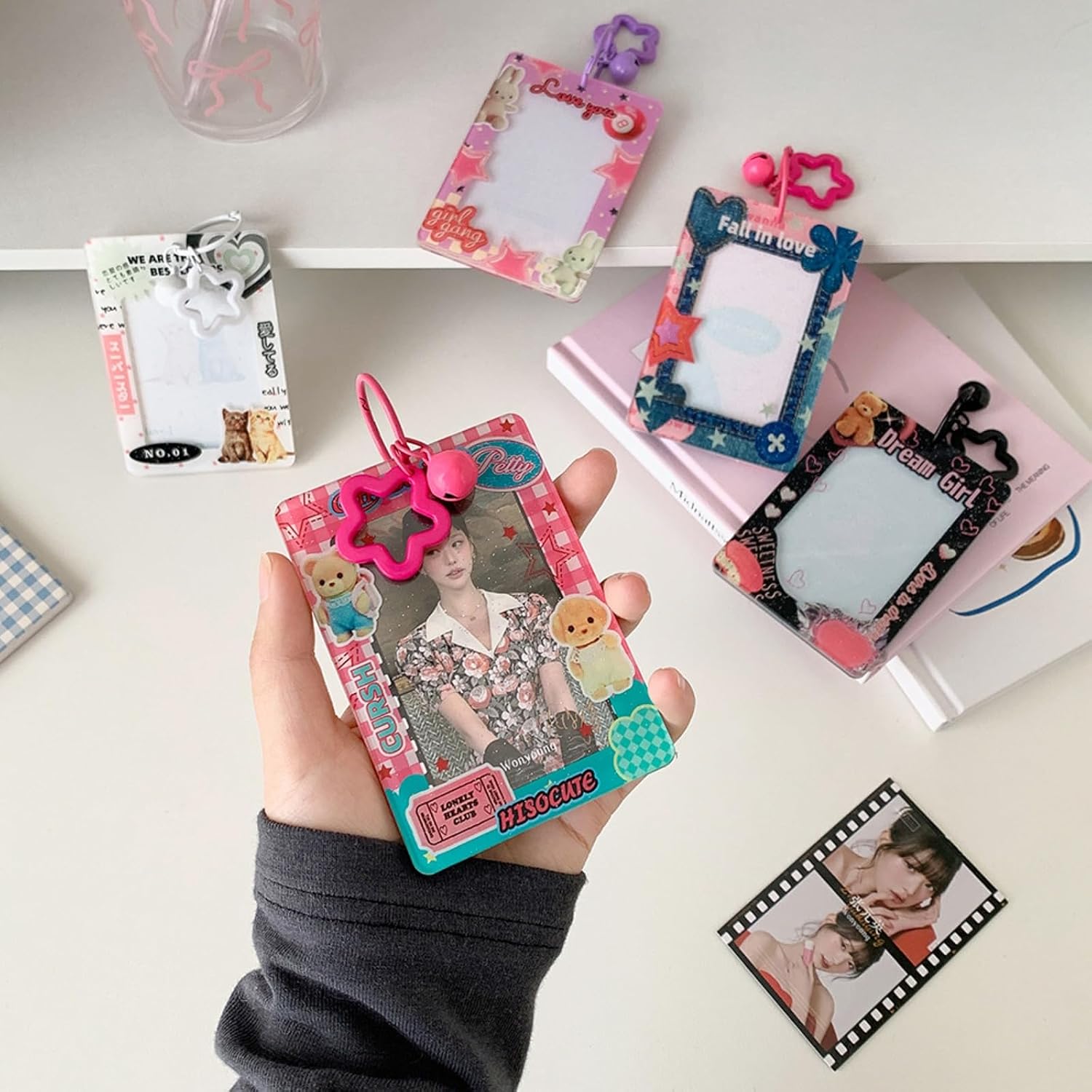 Sparkly Acrylic Card Sleeve Keychain, Transparent Photocard Holder with Star Buckle & Bell for Functional Bag Charm