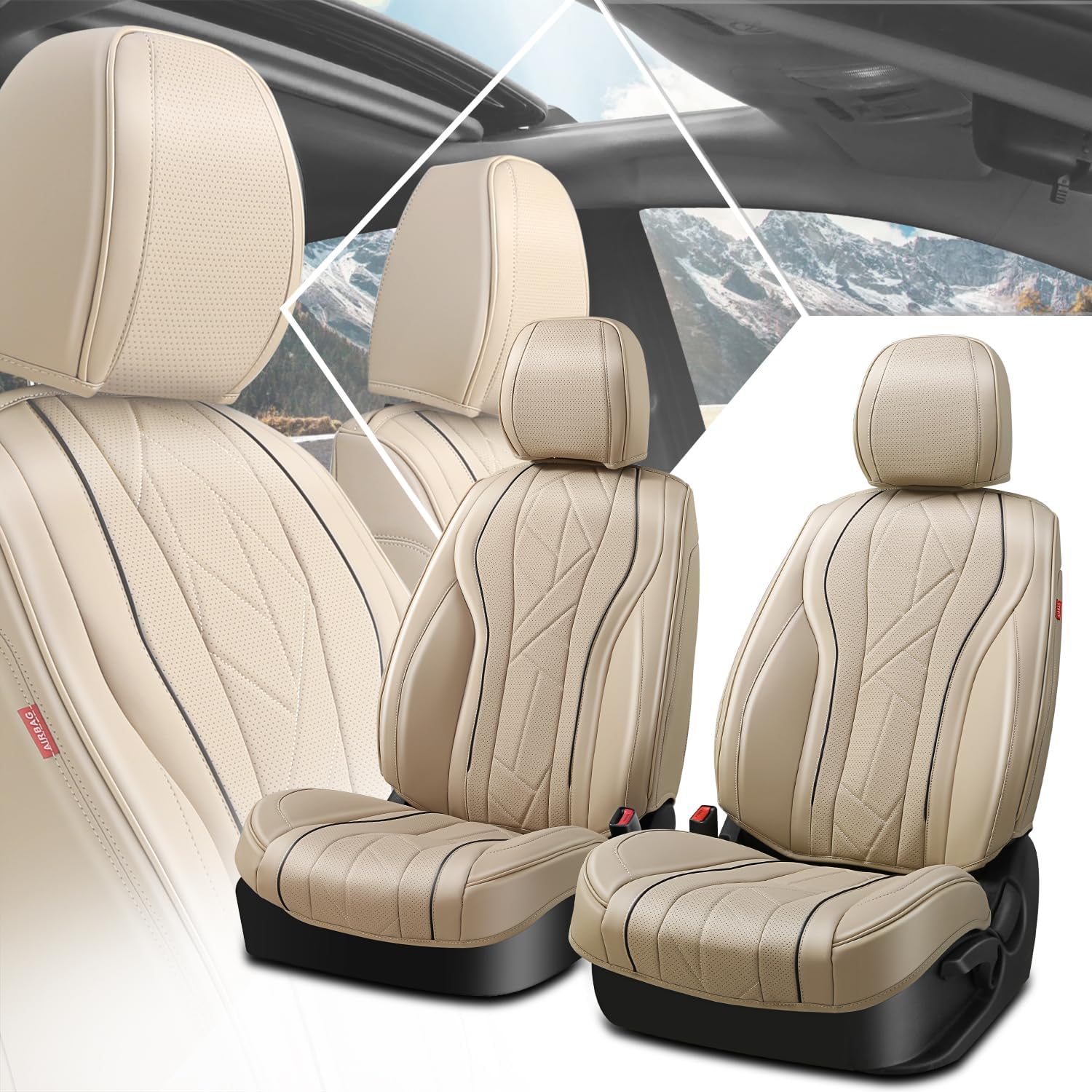 Touring Series 2Pcs Leatherette Car Front Row Seat Covers Beige,Universal Fit Most Cars Trucks SUVS