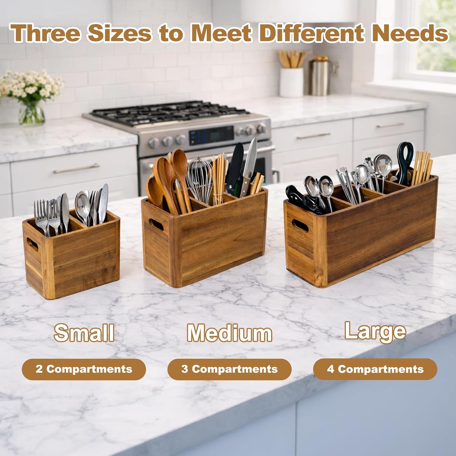 Utensil Holder, Kitchen Utensil Holder, Acacia Wooden Utensil Holder, Kitchen Utensil Holder for Countertop, Extra Large Utensil Holder for Storage Cooking Tools and Silverware with 4 Compartments