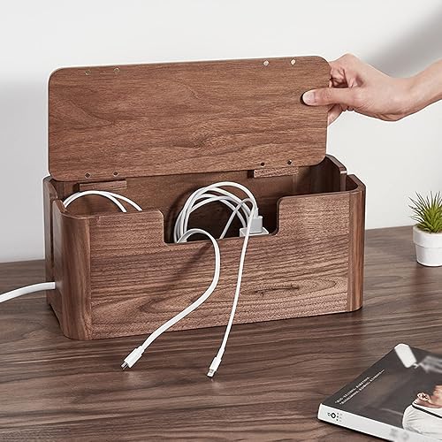 Miniatura 7 de Caja de gestión de cables de madera, organizador de cables de nogal de gran capacidad, organizador de cables de nogal con cubierta magnética fuerte,