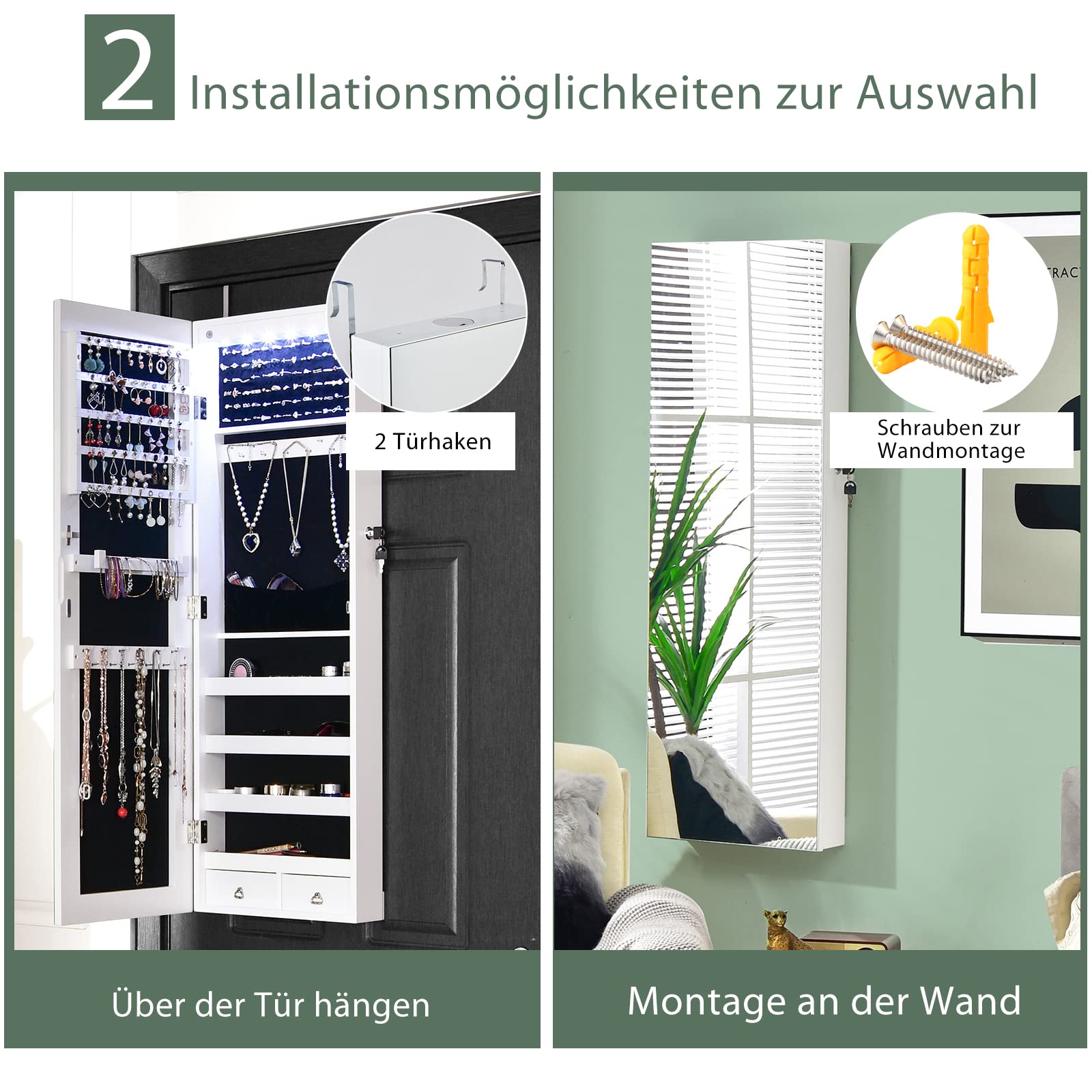 COSTWAY Verspiegelter Schmuckschrank mit 6 LED-Leuchten & 2 Schubladen, Schmuck Hängeschrank abschließbar, Sipegelschrank Schrank Wand- / Türmontage (Weiß)