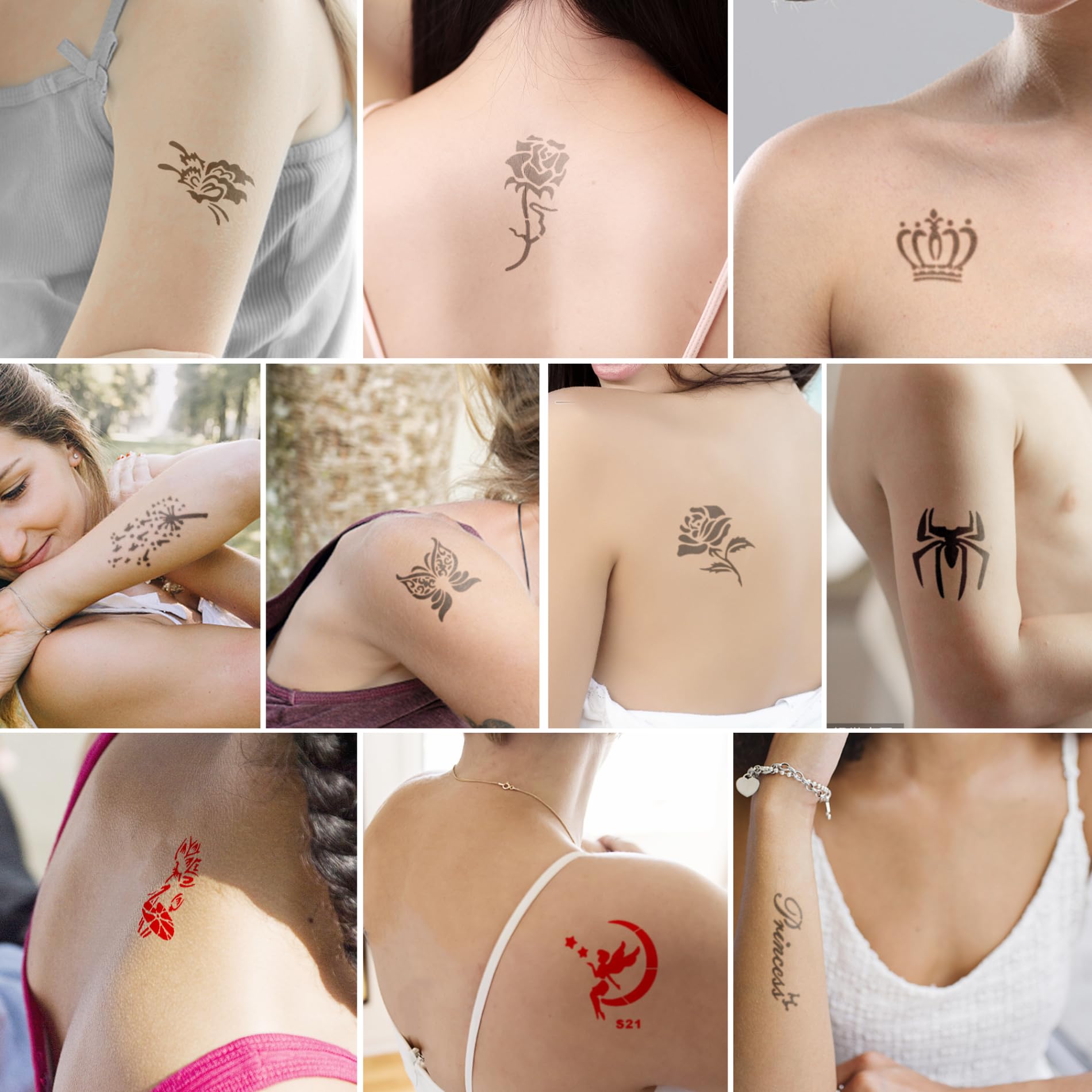 ACCloud Marcatori tatuaggi temporanei per la pelle Kit penne di vernice, 10 Marcatori corpo+ Tattoo Stencils Kit, Punta flessibile della spazzola, Pelle sicura, Kit trucco per Halloween