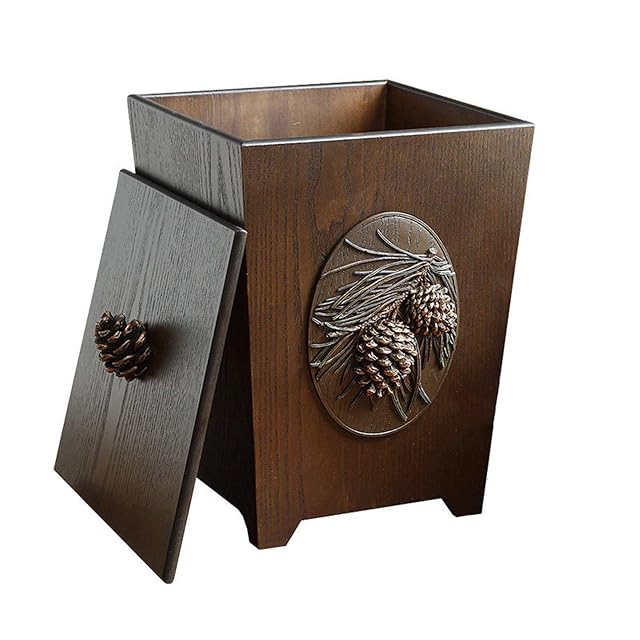 Wastepaper Basket Creative Wood Trash Can Household Hand-carved with Cover Garbage Can Shake Lid Large Wastebasket Recycling Bin