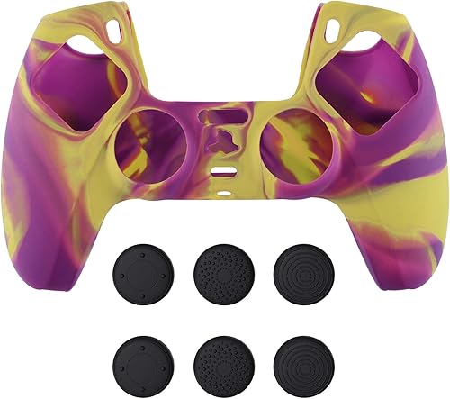 Miniatura 2 de PlayVital Funda de silicona antideslizante de camuflaje morado y amarillo de dos tonos para controlador PS5, funda de goma suave para controlador