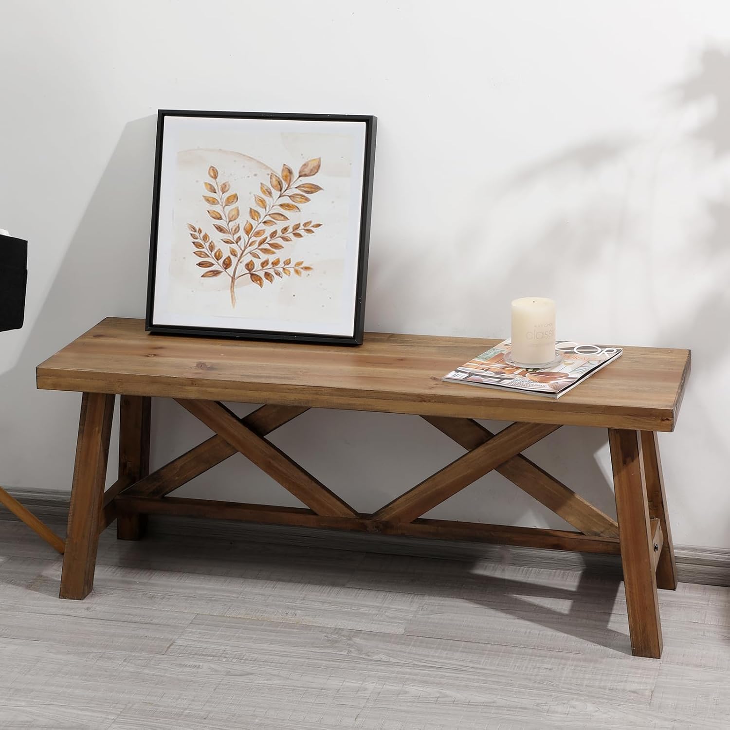 Amazon.com - Wnutrees 43" Farmhouse Wood Bench, Rustic Solid Wood ...