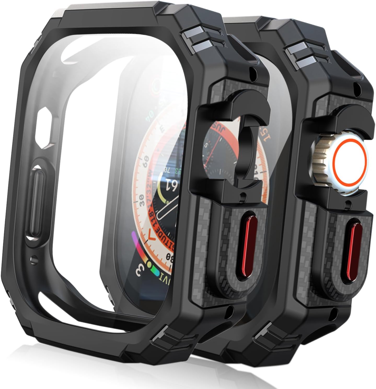 Carbon Fiber Armor Case for Apple Watch Ultra 3/2 / 1 Screen Protector Case, 49mm iWatch Screen Protector Glass + Protective Face Cover Advanced Bumper for Apple Ultra Bands Accessories 49mm, Black