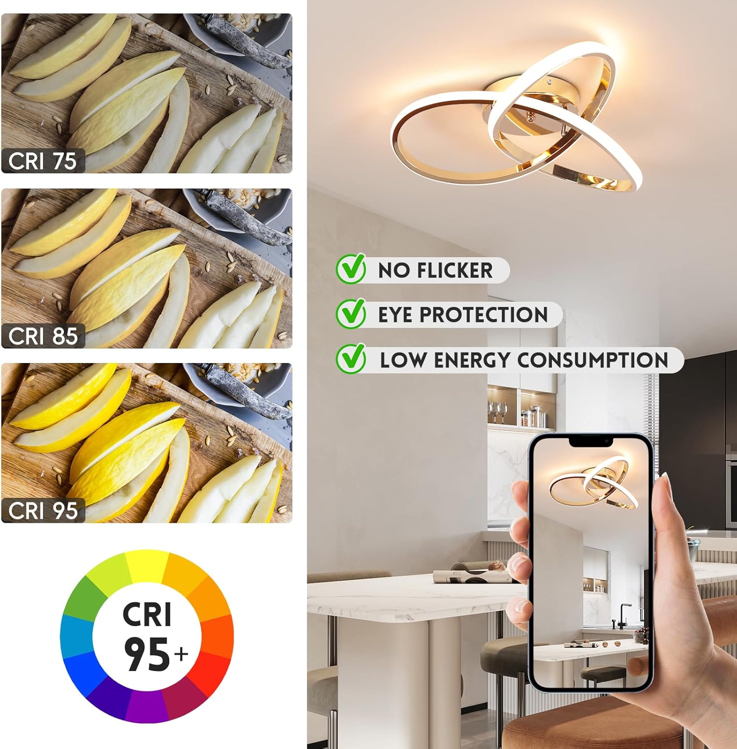 CANEOE LED Ceiling Light Fixture,3-Colors Dimmable Modern Ceiling Light with Remote Control Rose Gold Flush Mount Lighting Fixture for Bedroom Living Room Kitchen Office Ceiling Lamp,42W