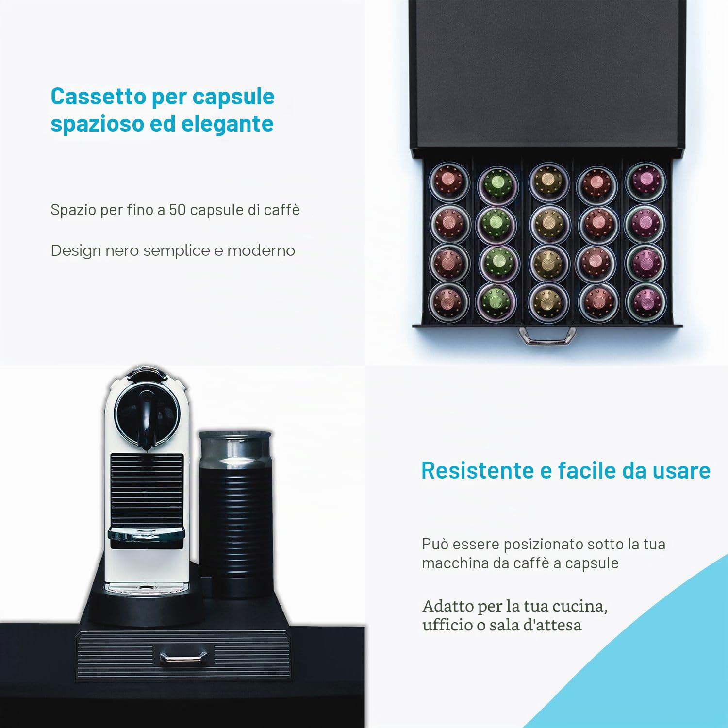 INTIRILIFE Cassetto portacapsule 50 Capsule di caffè- Compatibile con Le Capsule Nespresso -38.2 x 23.2 x 5,6 cm- Cassetto portacapsule Cassetto portacapsule in Nero Macchina per Capsule