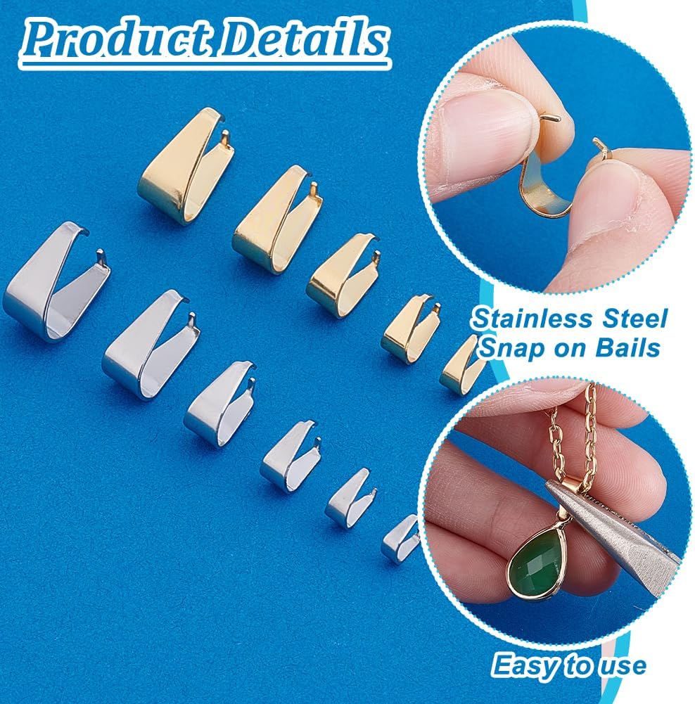 PH PandaHall 148pcs 6 Sizes Pinch Bails Snap on Bails Necklace Bails Pendant Connectors Stainless Steel Clip Links Charm Attachment Clasps for Jewelley Making DIY Crafts 6~13.5mm, Golden & Silver