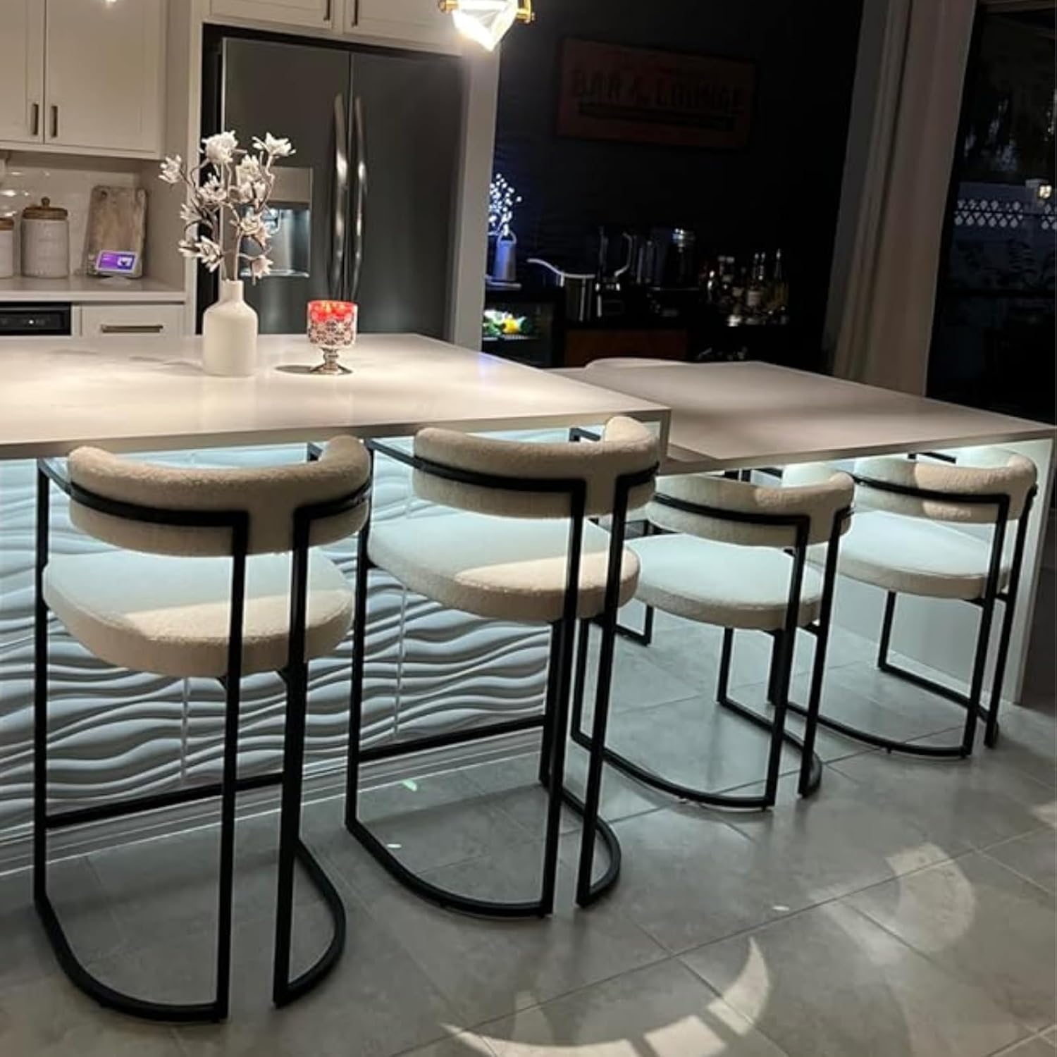 Bar Stools Set of 4, 26 Inch Modern Counter Height Bar Stools with Ergonomic Back, Sherpa Upholstered Barrel Counter Stools with Metal Legs for Kitchen Island, White