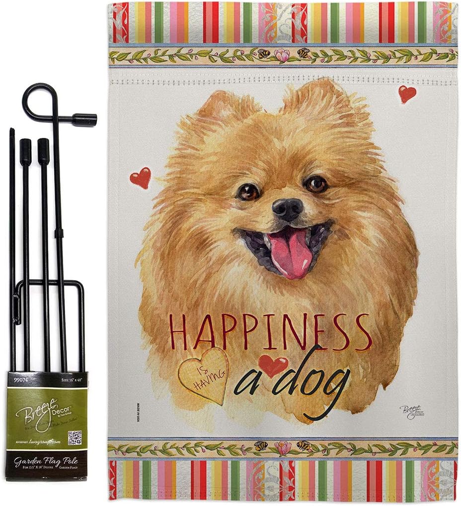 Breeze Decor Pomeranian Happiness Garden Flag Set with Stand Dog Puppy Spoiled Paw Canine Fur Pet Nature Farm Animal Creature House Banner Small Yard Gift Double-Sided, Made in USA