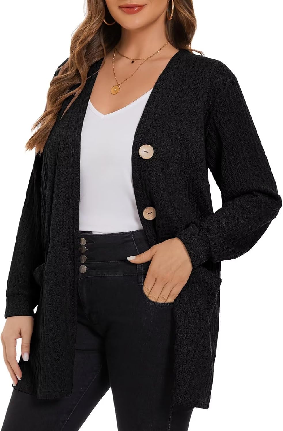LARACE Open Front Cardigan for Women Cable Knit Sweater with Pockets Plus Size Long Sleeve Tops Button Down Winter Coat - Image 2