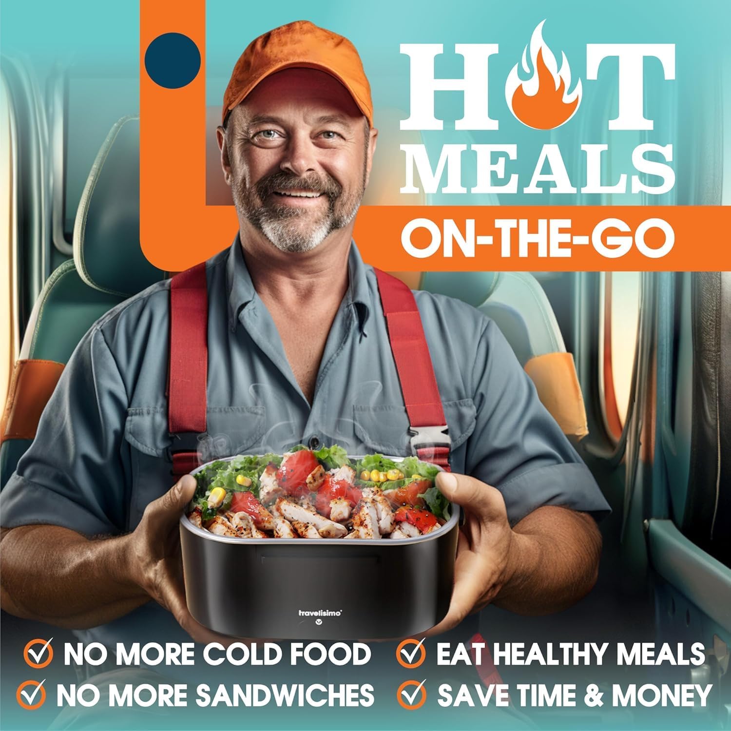 TRAVELISIMO Electric Lunch Box for Adults 100W Heated Lunch Box For Men 1.5L Stainless Steel Portable Food Warmer, 12/24/110V for Travel & Work, Loncheras Electricas Para Calentar Almuerzo
