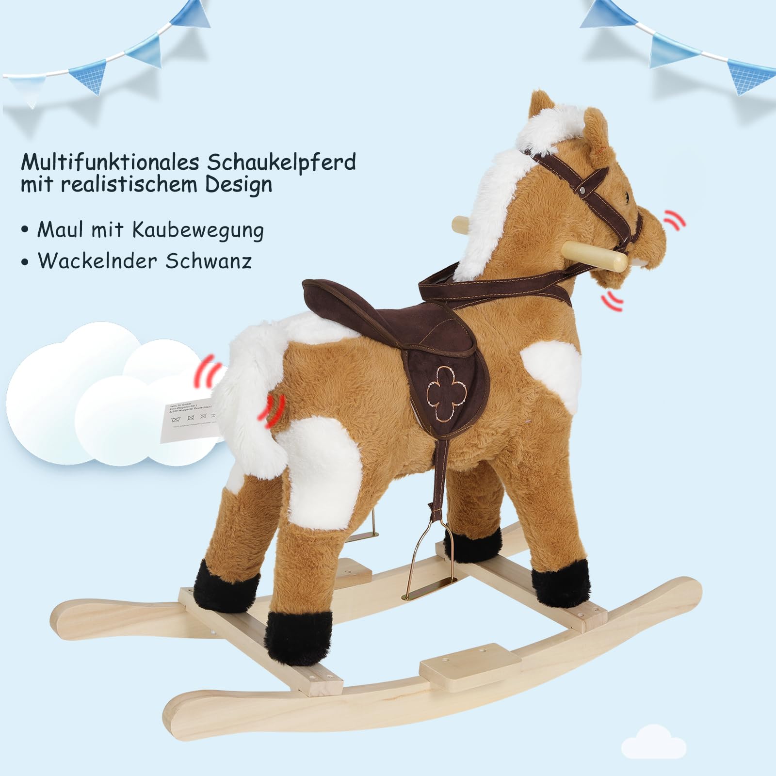 WOLTU Schaukelpferd für Babys 18-36 Monate, Plüsch Schaukelpferd mit Soundfunktion, Schaukeltier mit Haltegriffen und Fußstützen, Babyspielzeug aus Massivholz und Metall, bis 50 kg