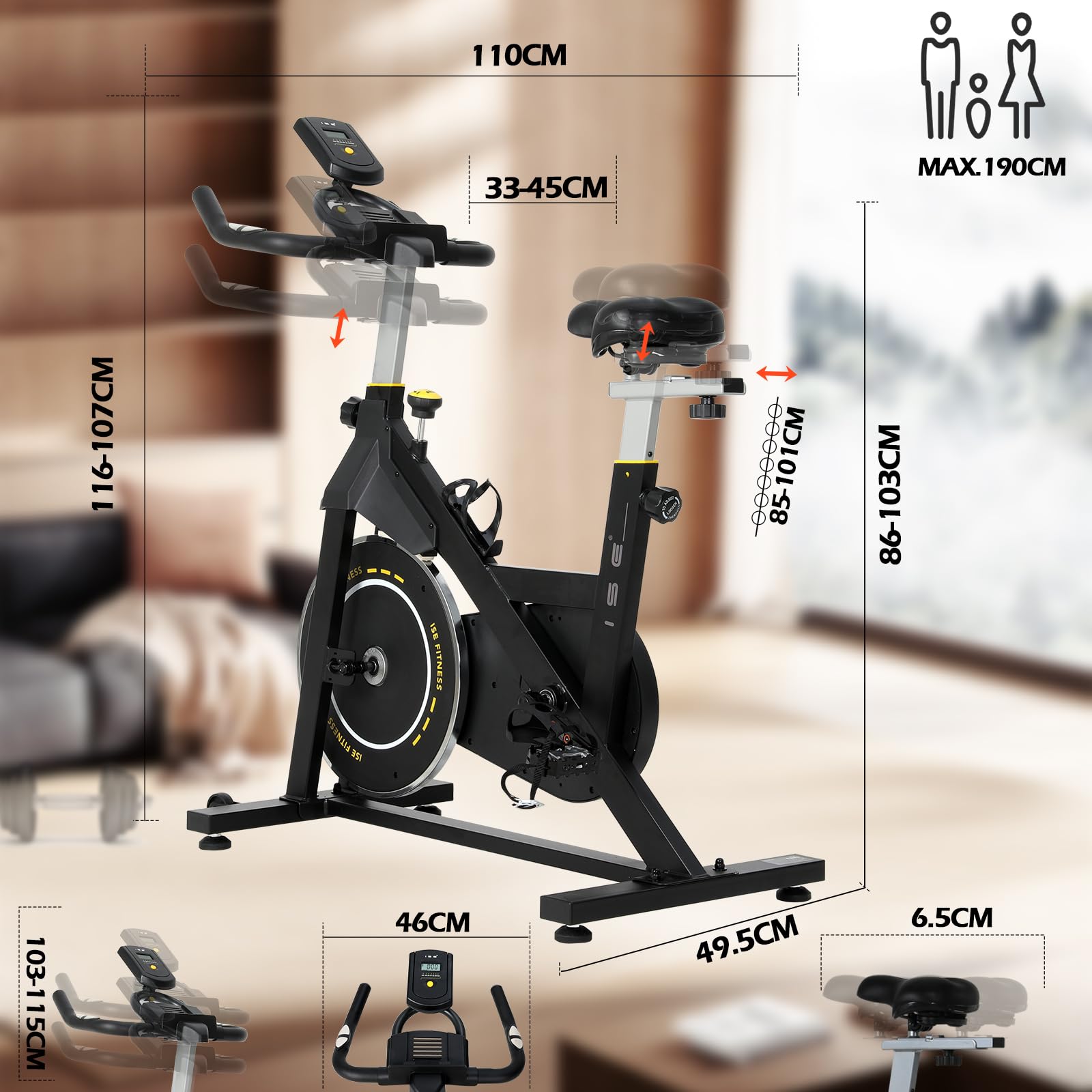 ISE Cyclette da Casa con Resistenza Regolabile, Cyclette per Casa Professionale con Schermo LCD Supporto per Smartphone Exercise Bike per Palestra a Casa